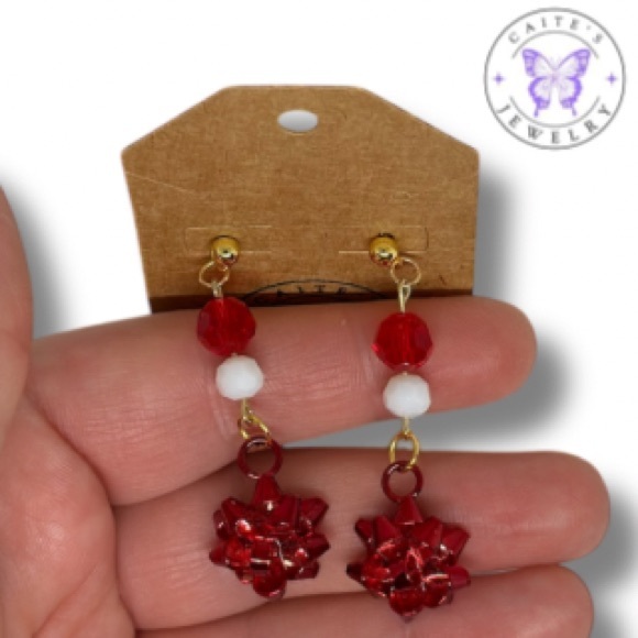 Handmade Gold Stud Earrings with Red Christmas Bow Charms - Picture 3 of 3